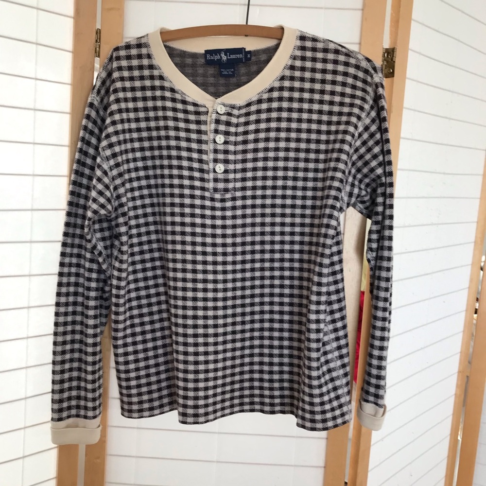 VTG Ralph Lauren Sz Medium Henley tee long sleeve brown wht plaid cotton thermal